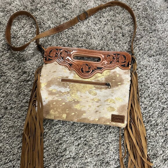 American Darling Hand Tooled NEW handbag cowhide gold fringe - Picture 1 of 4